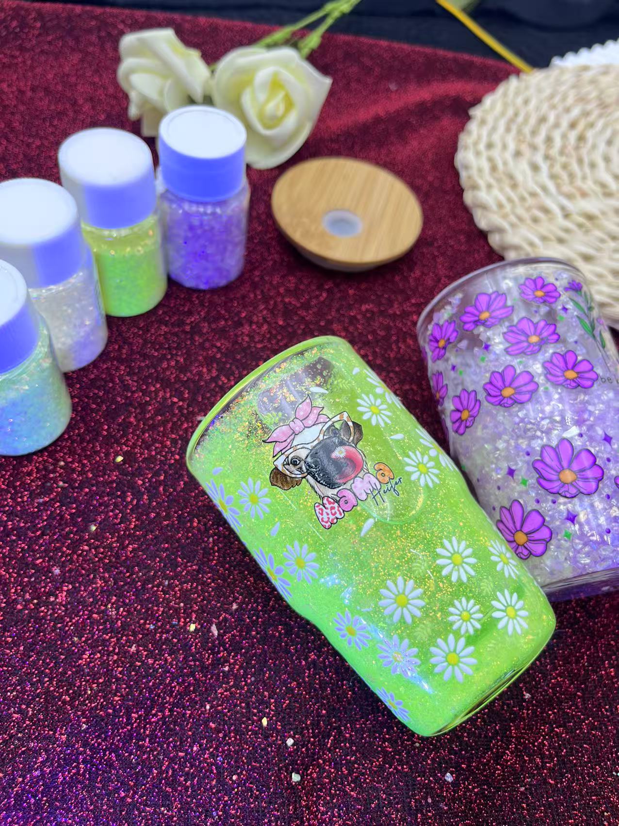 Wholesale Snowgloble 3oz Double Layer Shot Glass One Sets Including One Snowgoble Glass and 3 Boxes Gravel Glitter Filler and One Straw and One Funnel Filling Tool and One Piece Random Style Matching UVdtf Sticker Sets